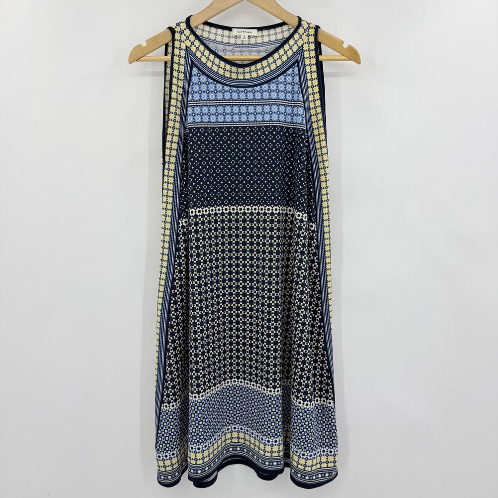 Max Studio Geometric Shift Dress Womens Large Navy Blue Sleeveless Mini Boho